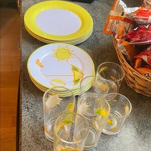 Sunshine Yellow plastic Dinner Plate Set and plastic glasses
